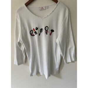 Quacker Factory Sequined Top White XL Long Sleeve Cotton Lipstick Embroidered